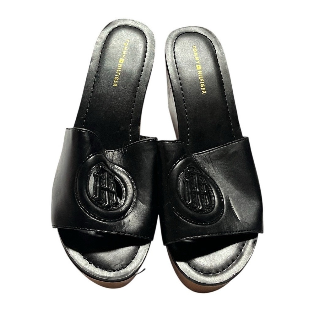 Tommy Hilfiger Womens Shoes Slide Sandals Black Wedge‎ Open Toe Logo Size 9 M